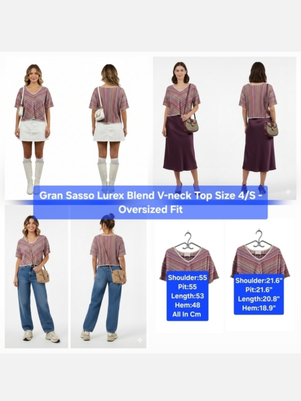 Gran Sasso Lurex Blend V-neck Top Size 4/S - Oversized Fit
